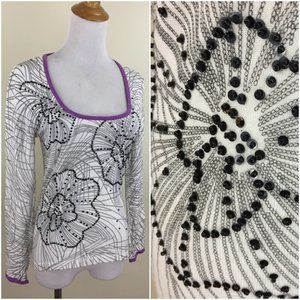 BCBGMAXAZRIA White Black Beads Floral Print Purple Trim Silk Blend Sweater